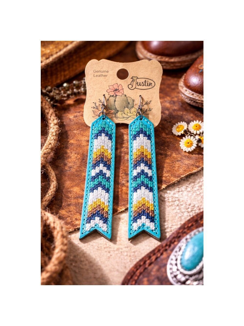 Justin Genuine Leather Western Earrings | Turquoise Aztec Boho Cowgirl Statement